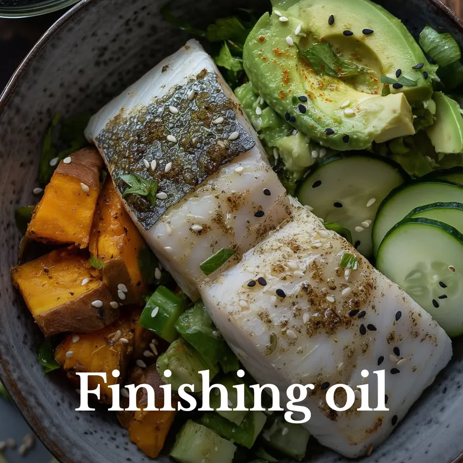 Finishing a dish with a drizzle of avocado oil